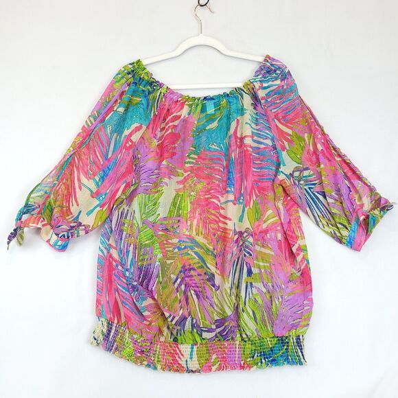 Lane Bryant Gypsy Sheer Top Women 14/16 Split 3/4 Sleeve Colorful Blouson - Picture 2 of 13